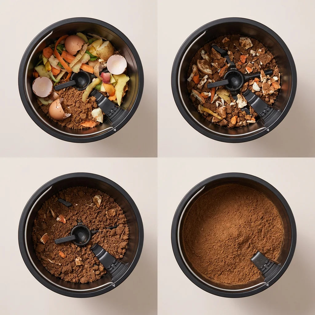 Illustration of four stages, from food scraps to finely broken-down material
