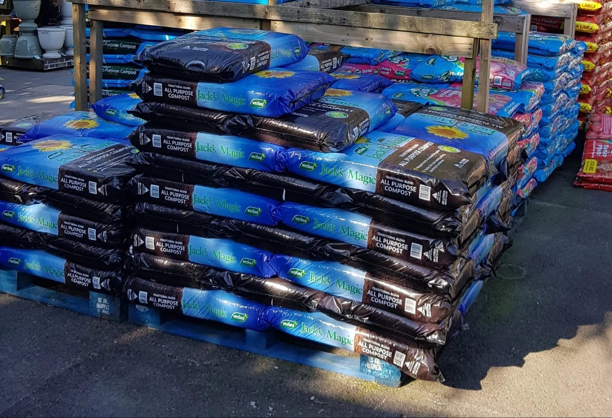 Bags of store-bought compost stacked on pallets at a garden centre