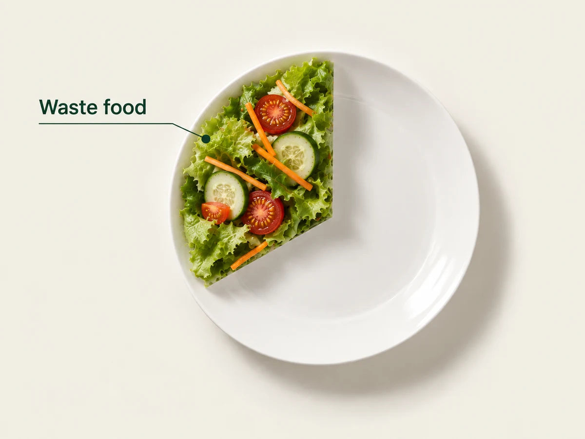 A plate with a third-sized wedge of fresh salad illustrating wasted food